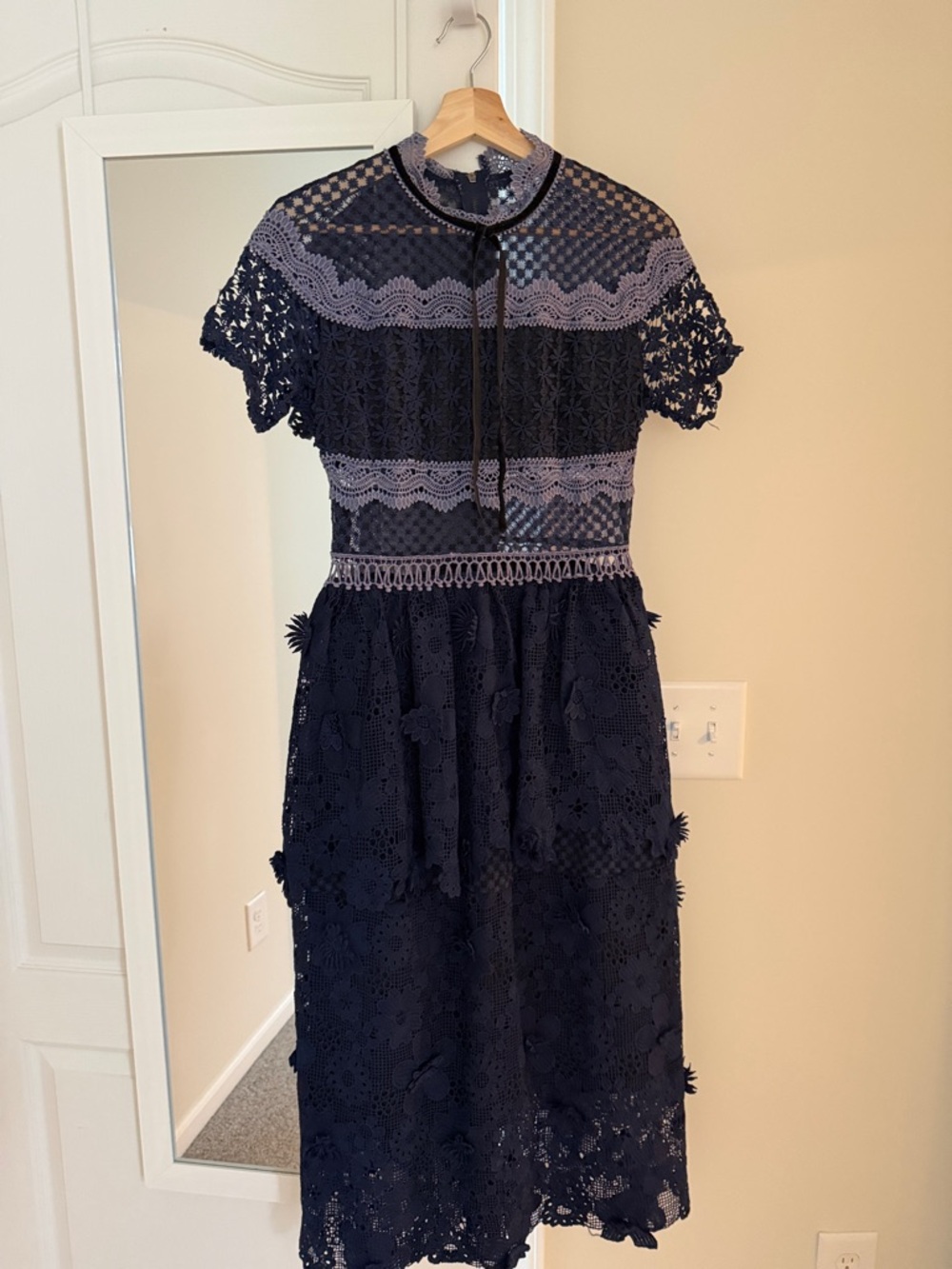 Women's Navy Lace Midi Dress with Light Gray Trim